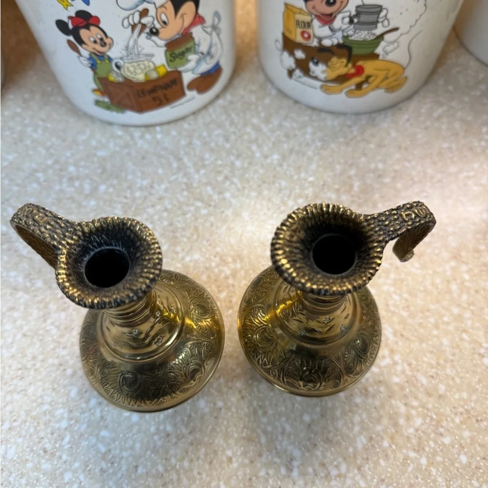 Vintage Gold Tone Brass Etchied Jerusalem Israel Pitchers Set of 2 Small Pourer